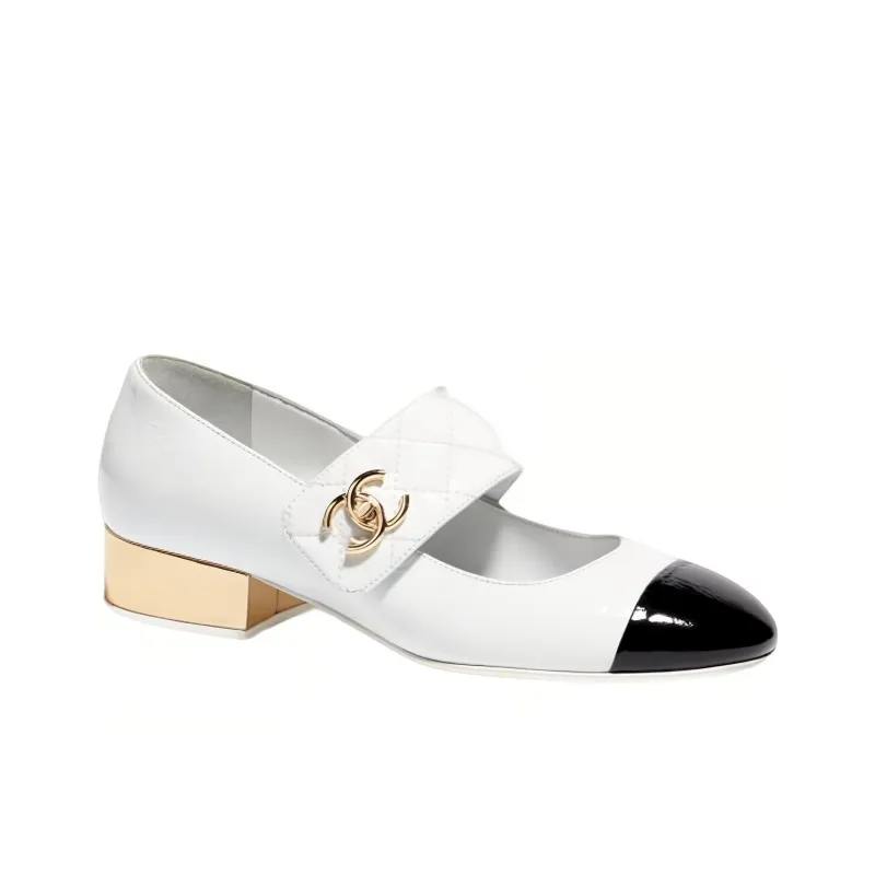 CHANEL Block Heel Mary Jane Shoes Women's Black White-1
