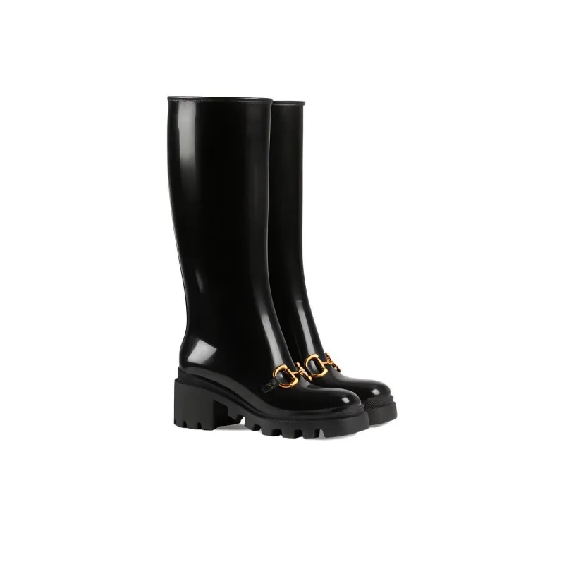 GUCCI Horsebit Knee High Boot Black Rubber Women's-2