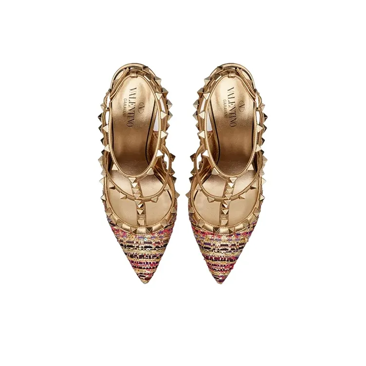 Valentino Rockstud Slim Heel High Heels 10cm Women's Gold-3