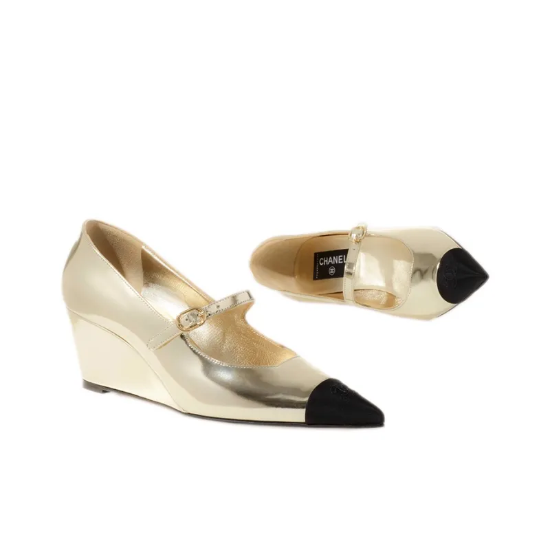 CHANEL Wedge Heel High Heels 6cm Women's Gold Black-3