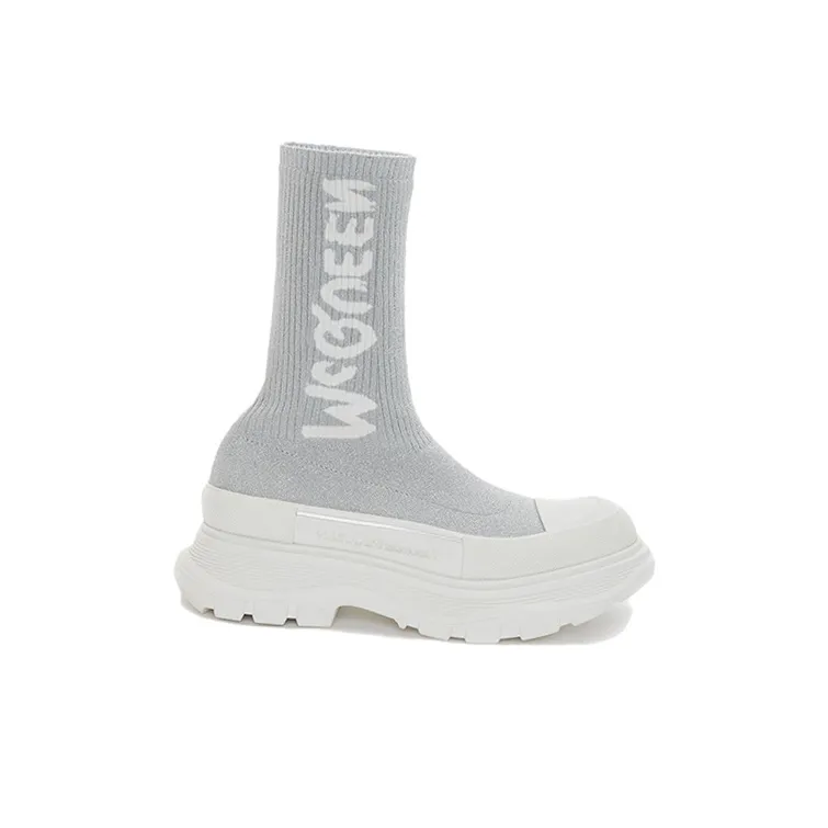 Alexander McQueen Logo Intarsia Chunky Sock Sneaker Grey White Women's-1