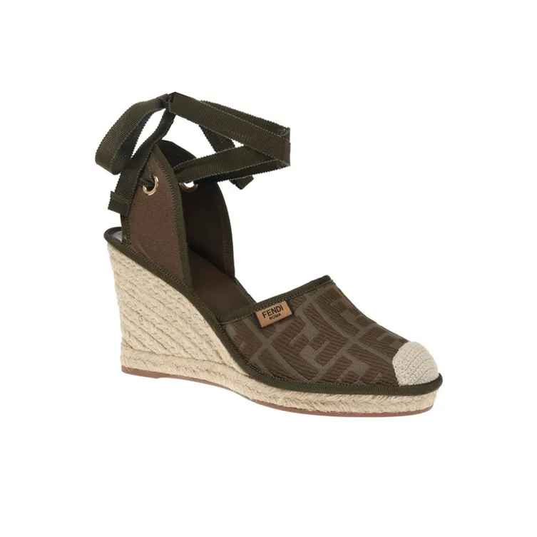 FENDI FF LOGO Wedge Heel High Heels Women's Green Brown-2