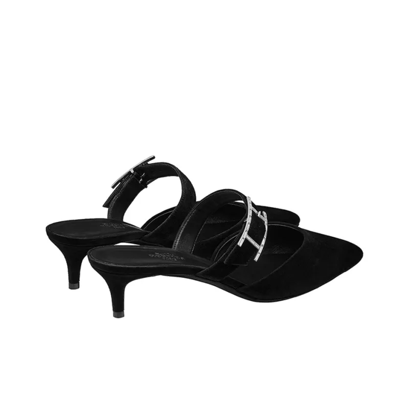 HERMES Cone Heel Closed Toe Slippers 4cm Women's Black-4