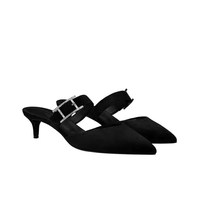 HERMES Cone Heel Closed Toe Slippers 4cm Women's Black-3