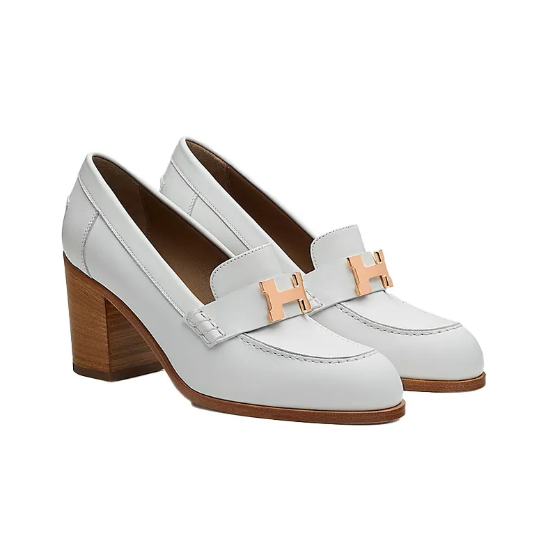 HERMES Dauphine Block Heel High Heels 7cm Women's White-2