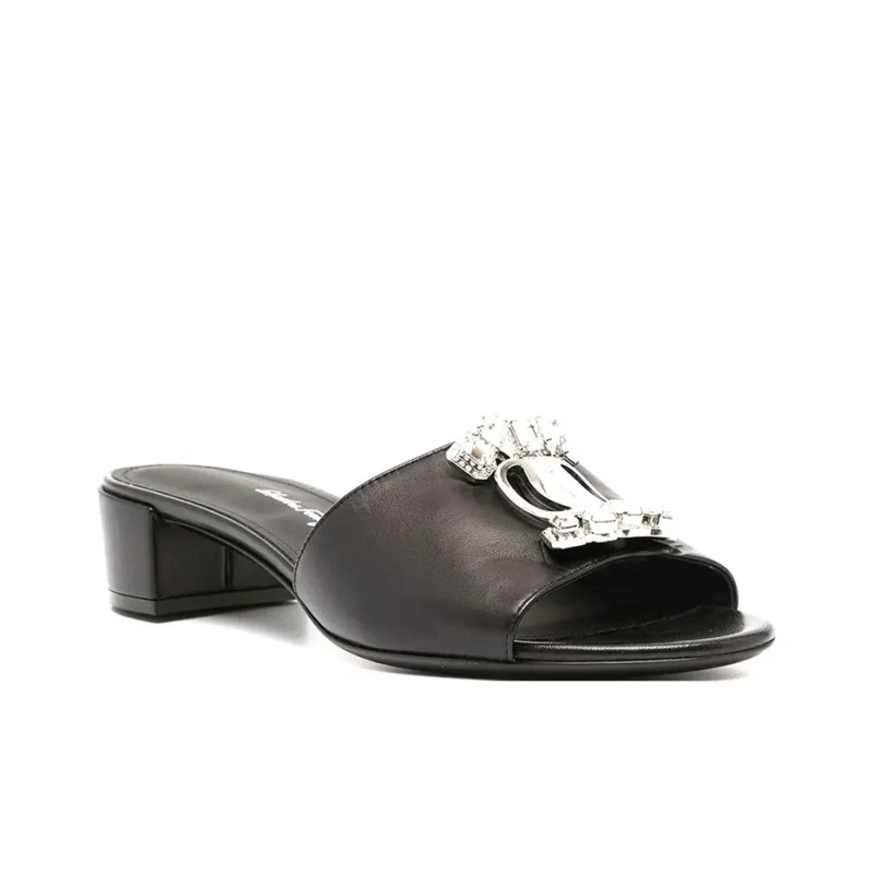 FERRAGAMO Block Heel Slide Slippers 3cm Women's Black-2