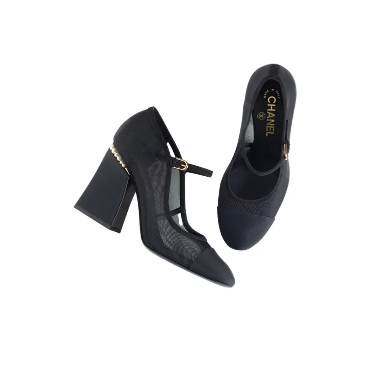 CHANEL Chunky Heel High Heels Women's Black-2