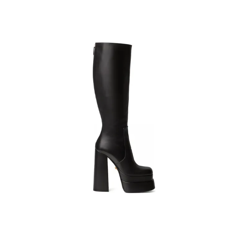 VERSACE Leather Platform Knee high Boots Women's Black-1