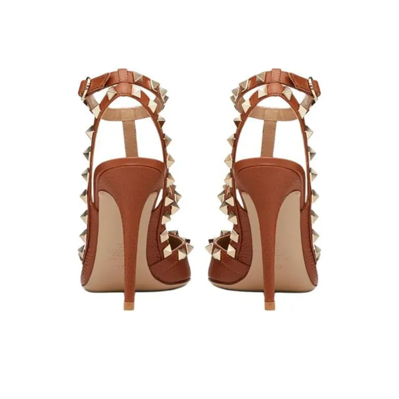 Valentino Rockstud Slim Heel High Heel Sandal 11cm Women's Brown-4