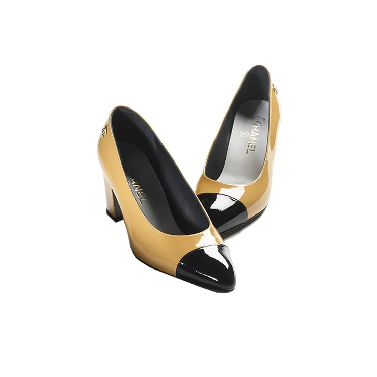 CHANEL Chunky Heel High Heels 6.5cm Women's Yellow Black-2