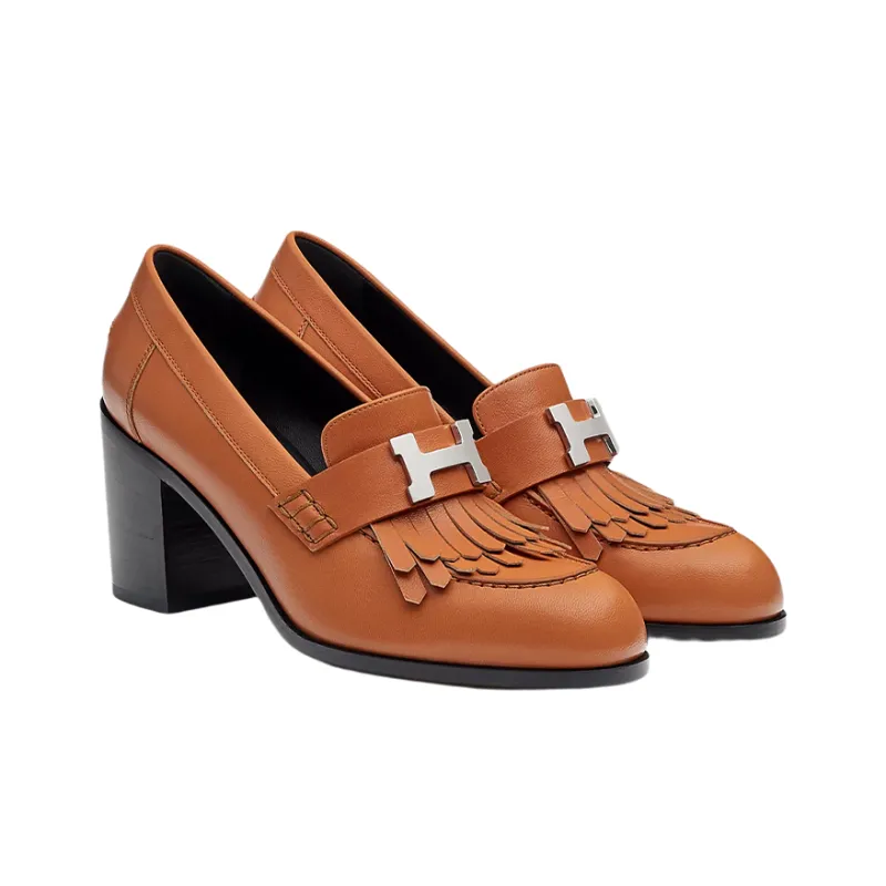 HERMES Chunky Heel High Heels 7cm Women's Brown-2