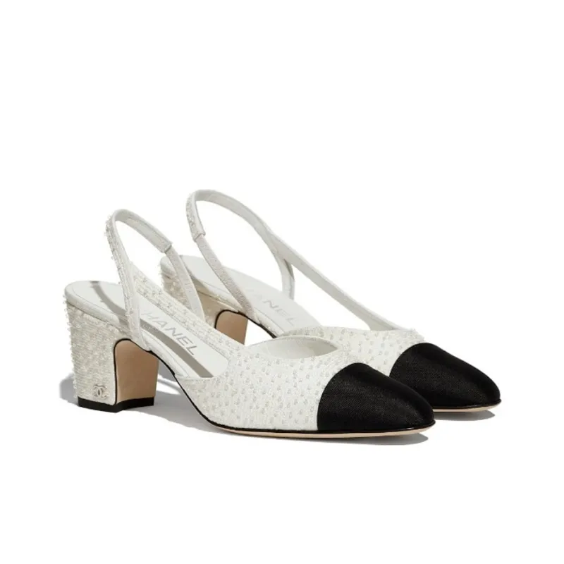 CHANEL Chunky Heel Stylish Sandal Women's White Black-2