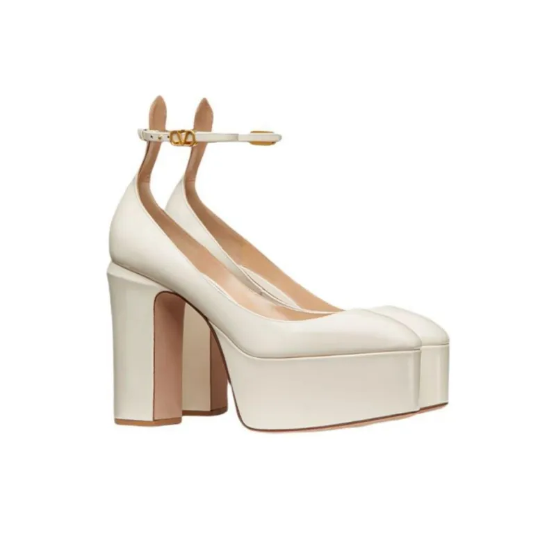Valentino Tan Go Chunky Heel High Heels Women's White-2