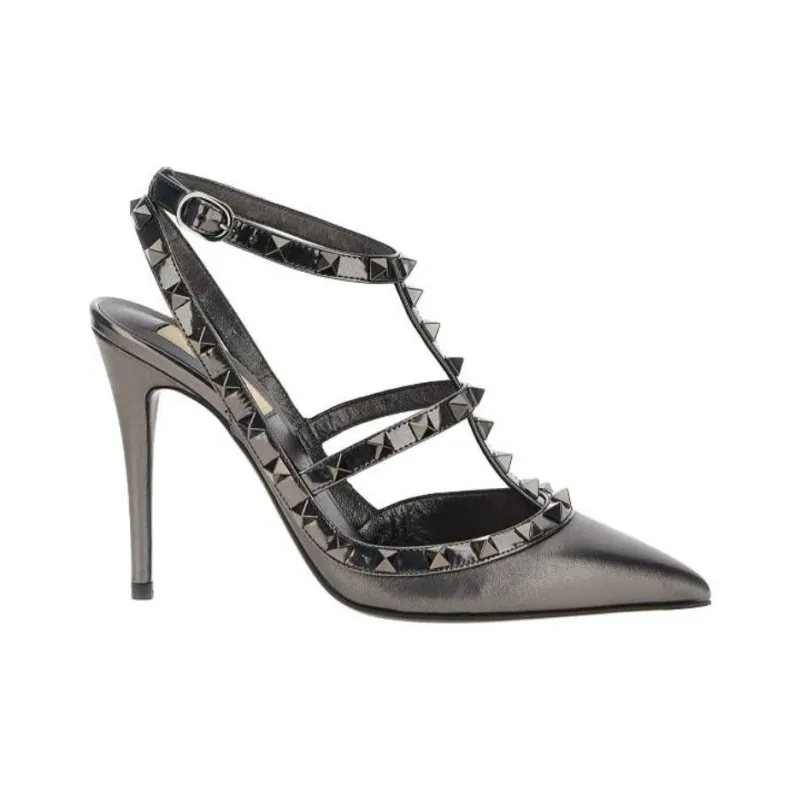 Valentino Rockstud Slim Heel High Heels 10cm Women's Silver-1