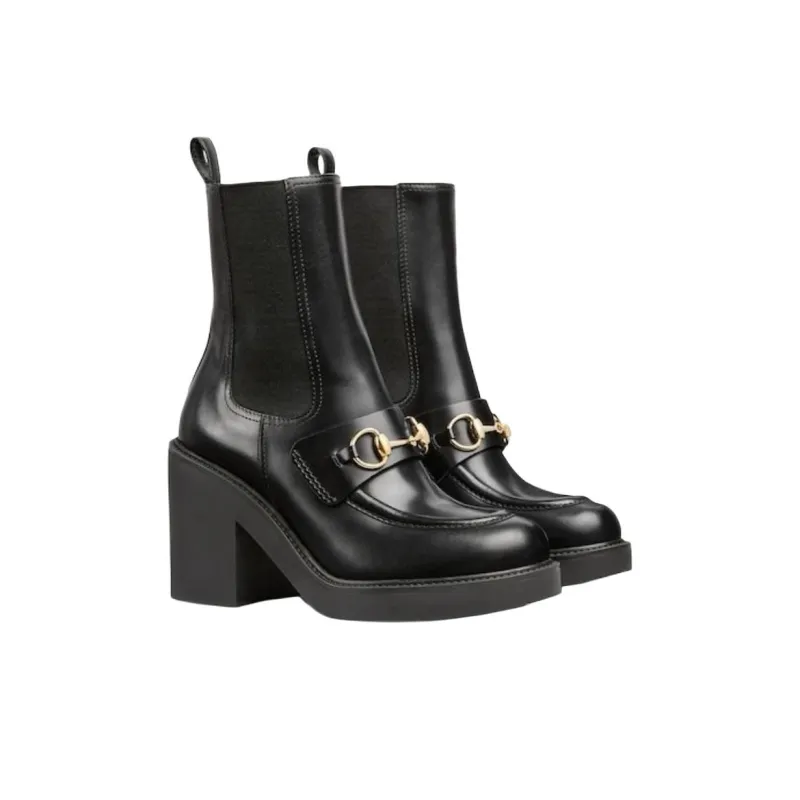 GUCCI Horsebit Short Chelsea Boots 7cm Women's Black-2