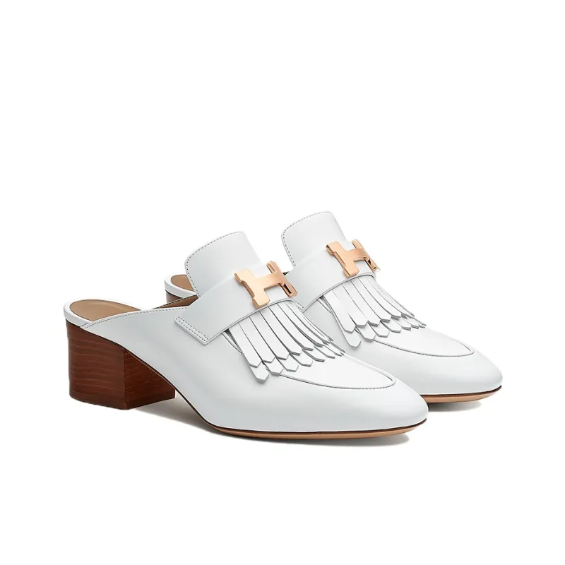 HERMES Tuileries Chunky Heel High Heels 5.5cm Women's White-2