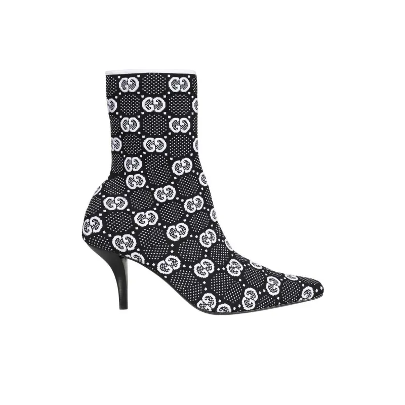 GUCCI Gg 75mm Knit Ankle Boots Black White Fabric Women's-1