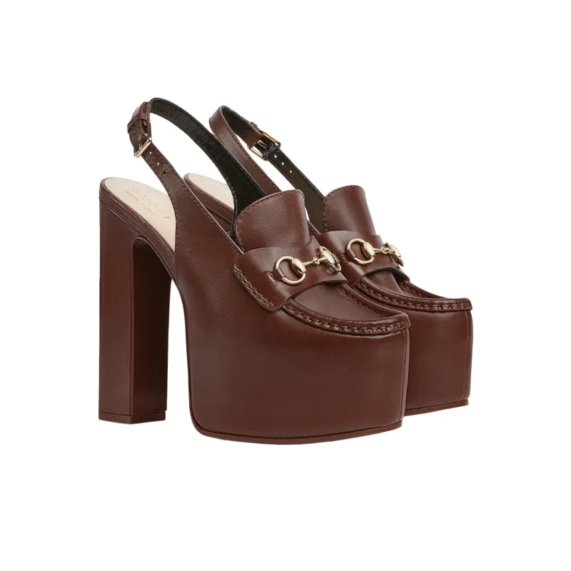 GUCCI Horsebit Chunky Heel High Heels 14.5cm Women's Brown-2