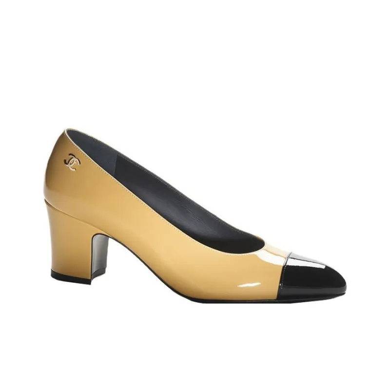 CHANEL Chunky Heel High Heels 6.5cm Women's Yellow Black-1