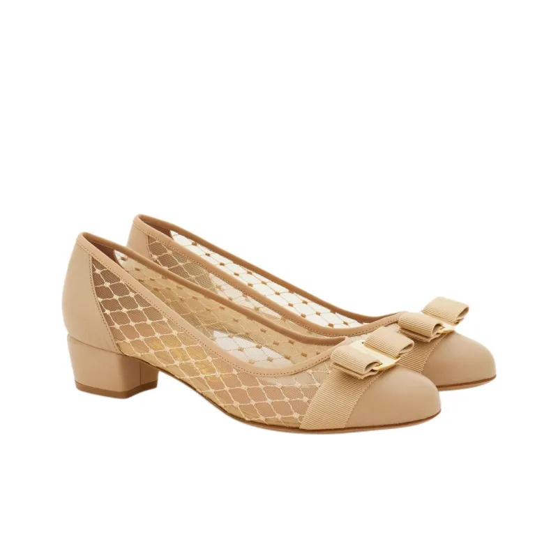 FERRAGAMO Vara Chunky Heel High Heels 3cm Women's Apricot-2