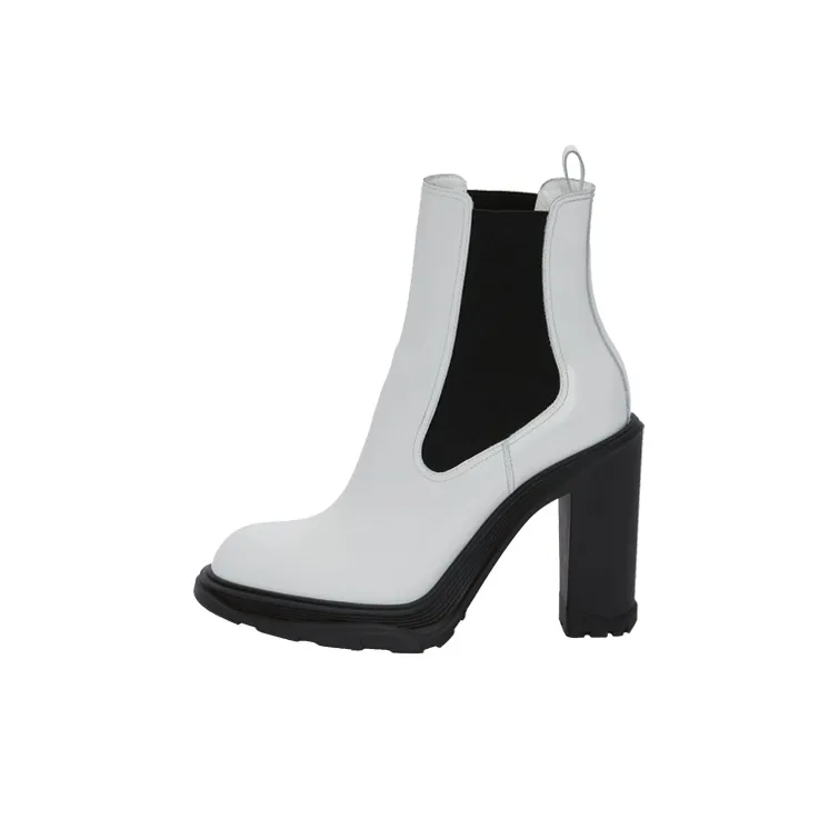 Alexander McQueen Leather Heeled Chelsea Boot Ivory Black Women's-0