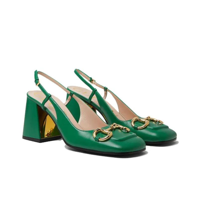 GUCCI Horsebit 75mm Heeled Slingback Bright Green Leather-2