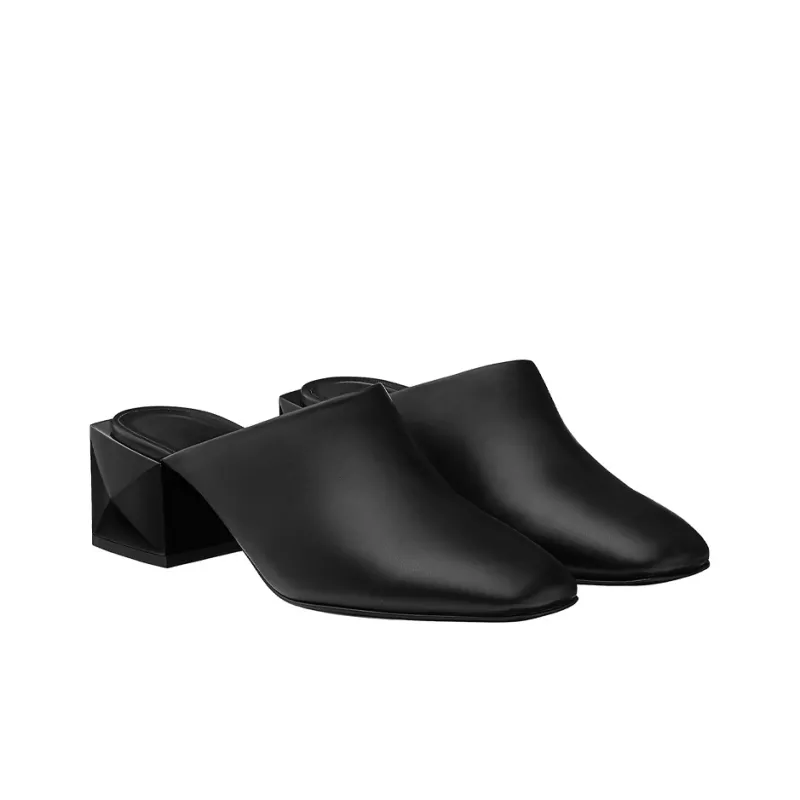 HERMES Block Heel Wrap-toe Slippers 5.5cm Women's Black-2