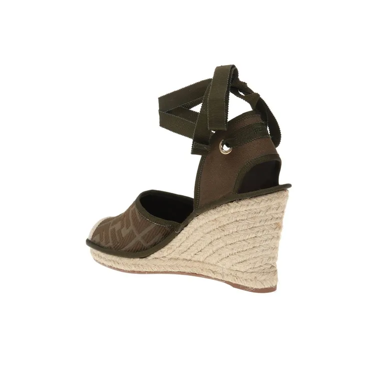 FENDI FF LOGO Wedge Heel High Heels Women's Green Brown-3