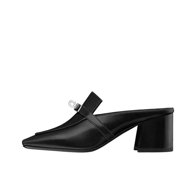 HERMES Block Heel Wrap-toe Slippers 6cm Women's Black-0