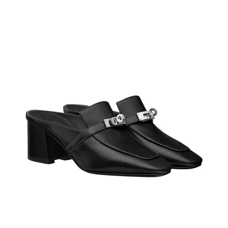 HERMES Block Heel Wrap-toe Slippers 6cm Women's Black-1