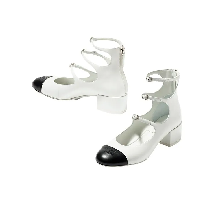 CHANEL Chunky Heel High Heels 4cm Women's White-2