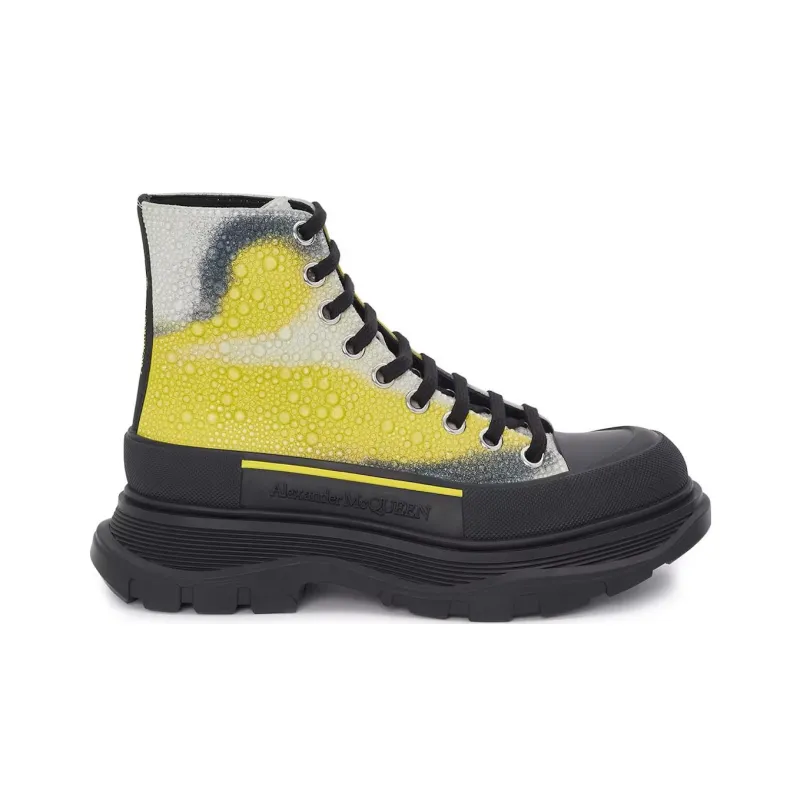 Alexander McQueen Tread Slick Lace Up Boot Mushroom Spores Print Embellished Crystals White Yellow Black Women's-1