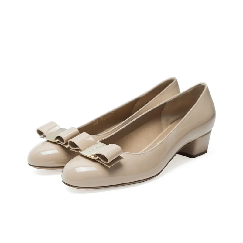 FERRAGAMO Vara Chunky Heel High Heels 3cm Women's Nude-1