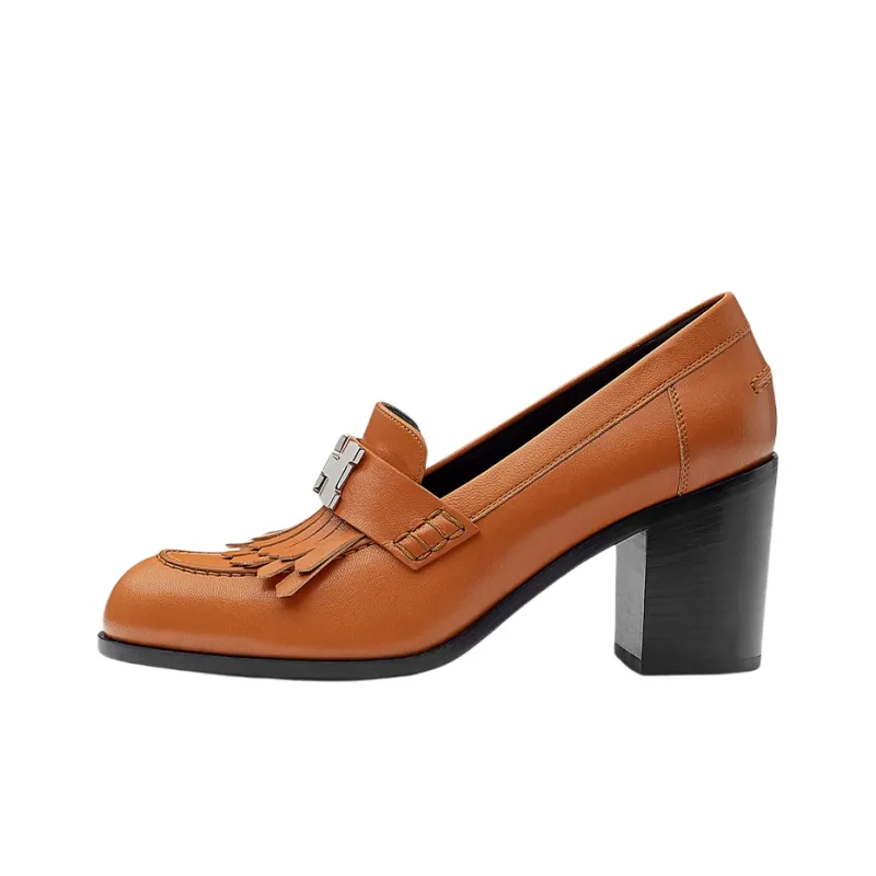 HERMES Chunky Heel High Heels 7cm Women's Brown-0