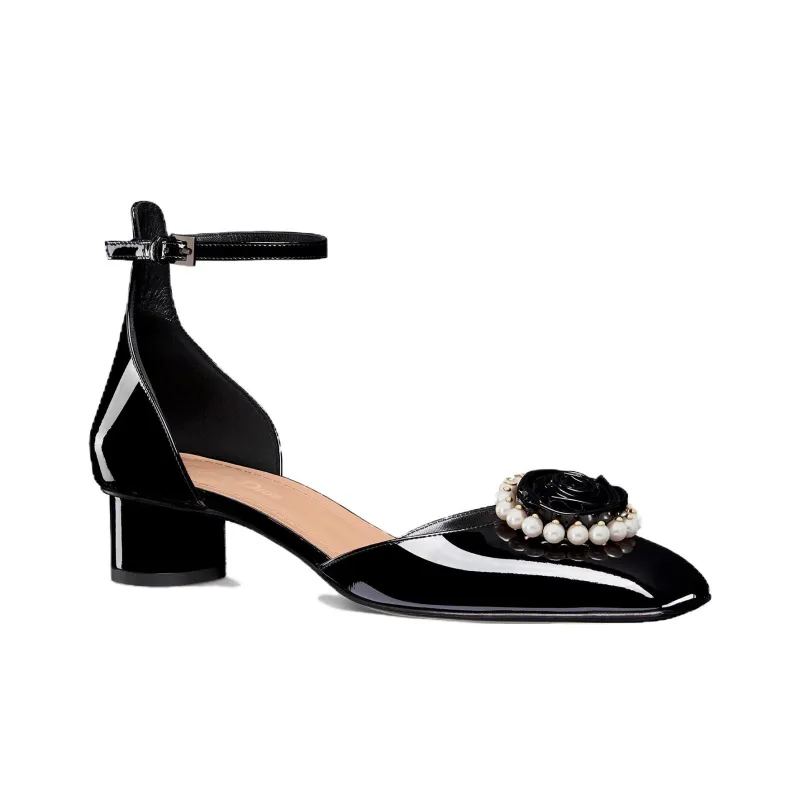 DIOR Rose Chunky Heel High Heels Women's Black-2