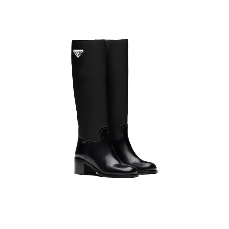 PRADA Black Brushed Leather And Re nylon Knee Boots 'Black' Women's-2
