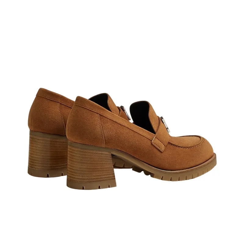 HERMES Chunky Heel High Heels 6cm Women's Brown-3