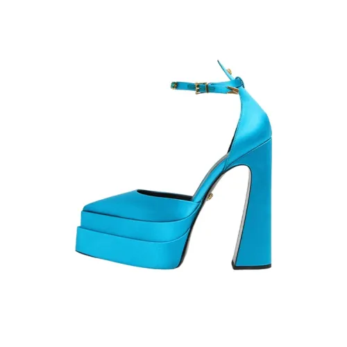 VERSACE Aevitas 160mm Pointy Platform Pumps Light Blue Satin
