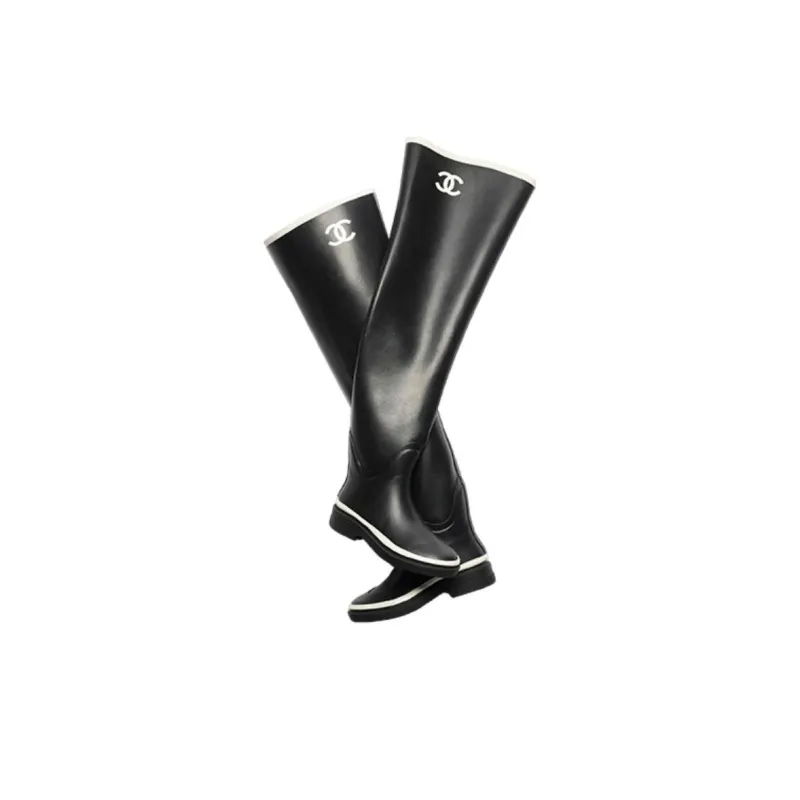 CHANEL Thigh High Rubber Rain Boots Black Women's-2