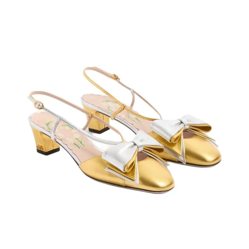 Valentino BOW WOW Block Heel High Heels 4.5cm Women's Gold-2