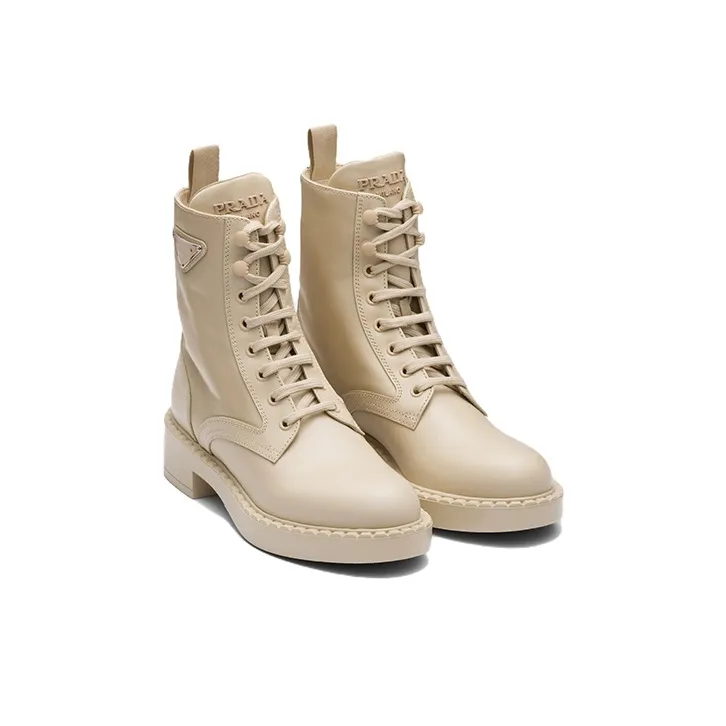 PRADA Women's Brushed Leather And Re-Nylon Ankle Boot 'Desert Beige'-1