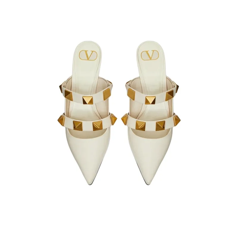Valentino Roman Stud Block Heel High Heels 6.5cm Women's White-3