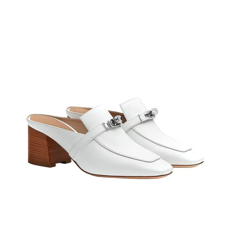 HERMES Blossom Block Heel High Heels Women's White-2