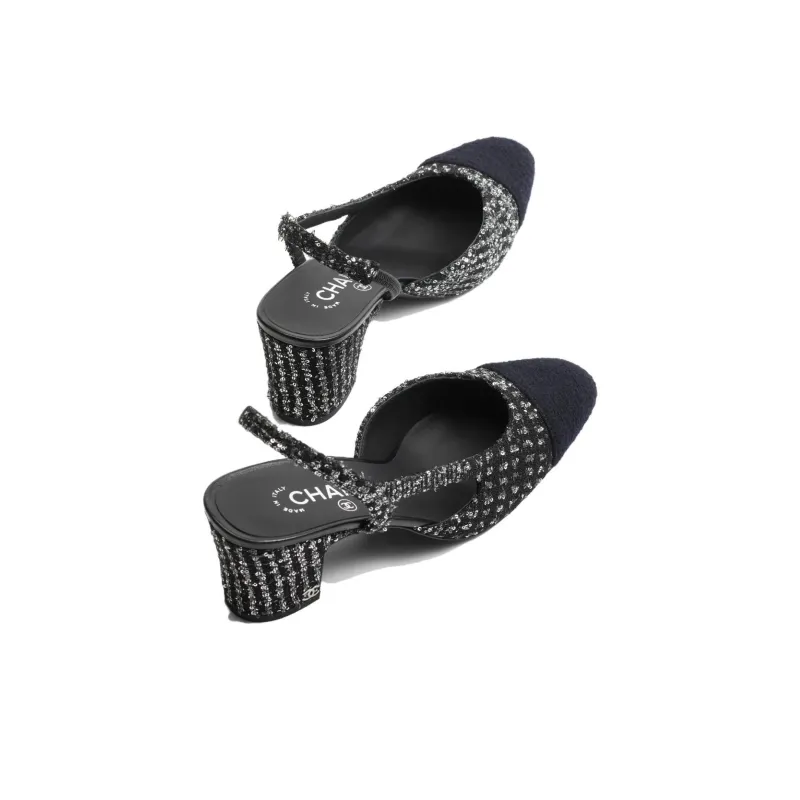 CHANEL Chunky Heel High Heels 6.5cm Women's Black Silver Blue-3