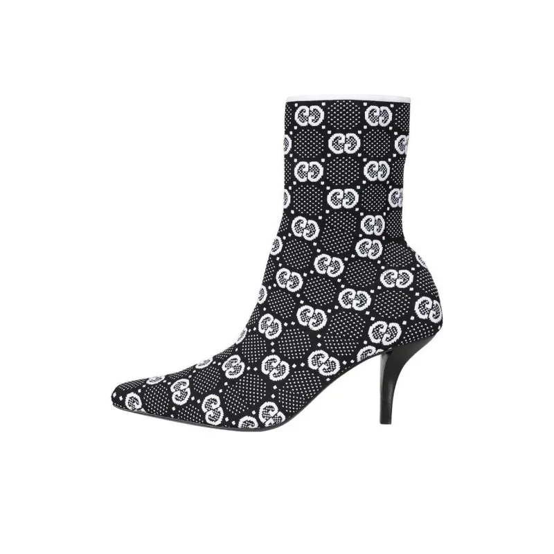 GUCCI Gg 75mm Knit Ankle Boots Black White Fabric Women's-0