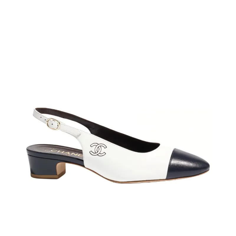 CHANEL Chunky Heel High Heels 3cm Women's Blue White-1
