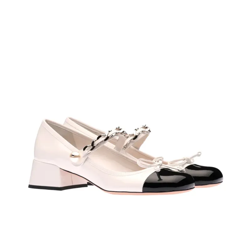 MIU MIU Naplak Block Heel High Heels 3.5cm Women's White Black-2