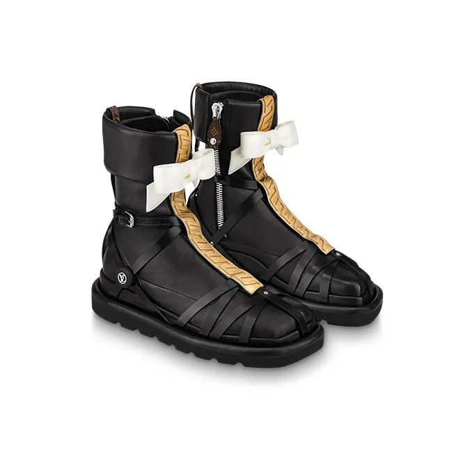 LOUIS VUITTON Square Pillow Ankle Boots Women's Black Gold-2