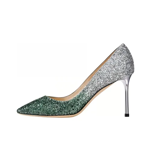Jimmy Choo ROMY 85 Slim Heel High Heels Women's Silver Green
