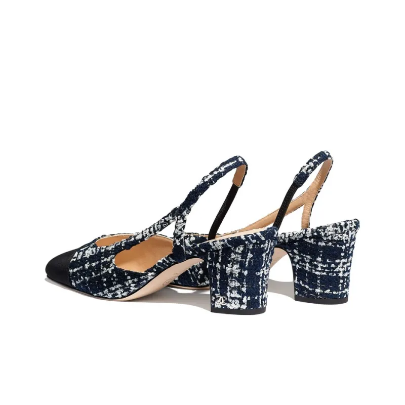 CHANEL Block Heel High Heels Women's Marine Blue-3